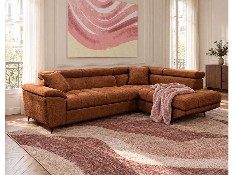  Camille - canapé d'angle droit 5 places convertible avec têtières et coffre en velours texturé - best mobilier - terracotta CAMILLE - Conforama B