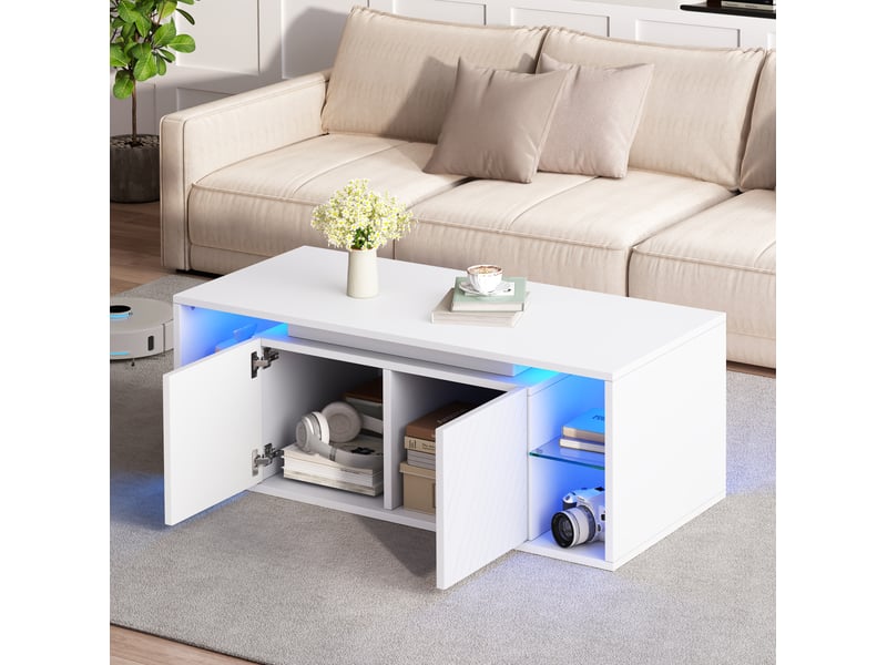  Table basse 100 x 50 x 41 cm en panneau de particules avec led et rangement blanche chicfurn  - Conforama C