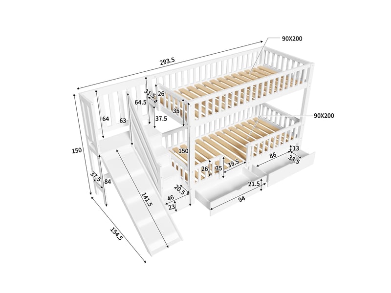 Lit superposé enfant, 90x200 cm, lit cabane avec toboggan et escalier de rangement tiroirs, lit gain de place, blanc - Conforama E