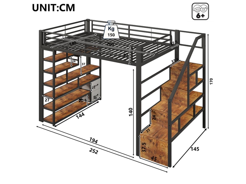  Lit mezzanine 140x200 cm led, rangements, marches, tiroirs tissu, garde-corps, métal mdf, noir sans matelas  - Conforama C