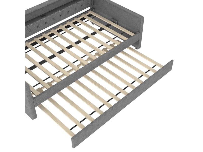  Lit banquette 90x200 avec lit gigogne, canapé lit en lin gris avec éclairage led et port usb  - Conforama R