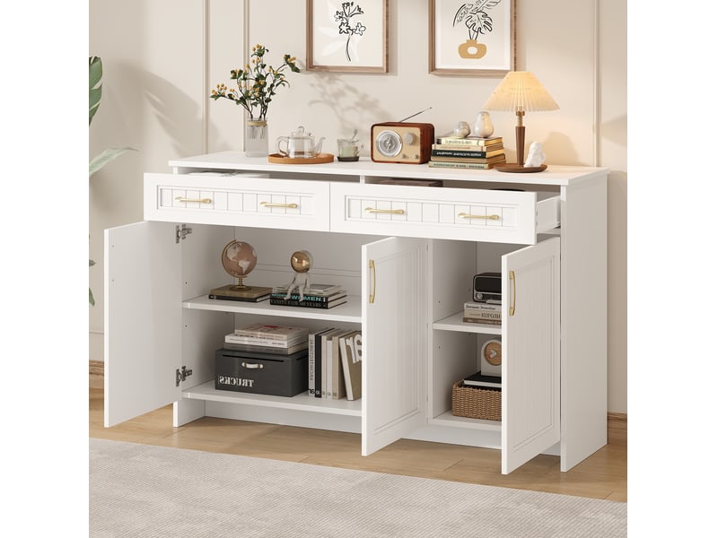 Buffet avec 2 tiroirs et 3 portes 140x40x90 cm, meuble de salle à manger, mdf blanc - Conforama B