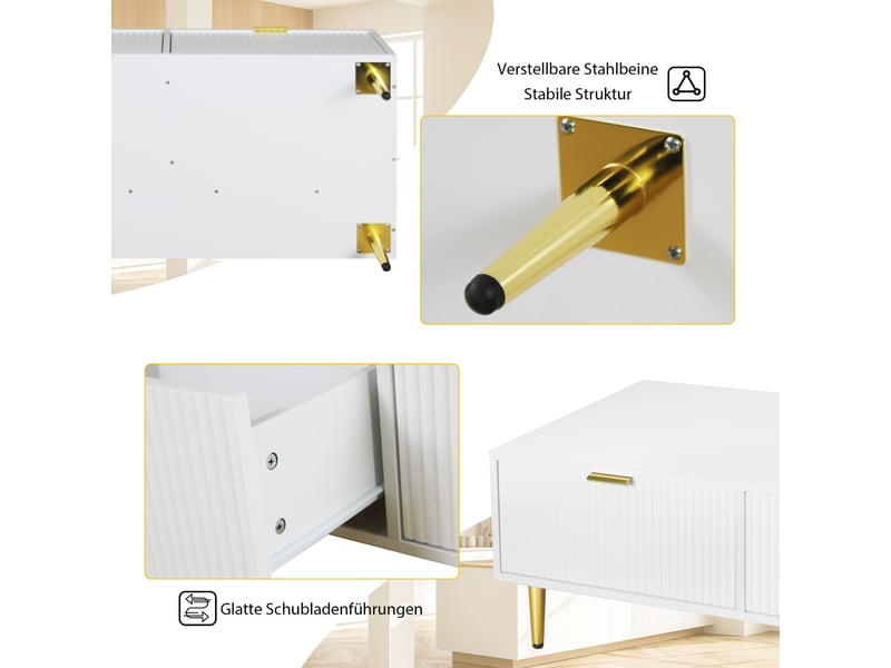  Table basse blanche et dorée avec 2 tiroirs design rayures 100x50x40 cm mdf  - Conforama R