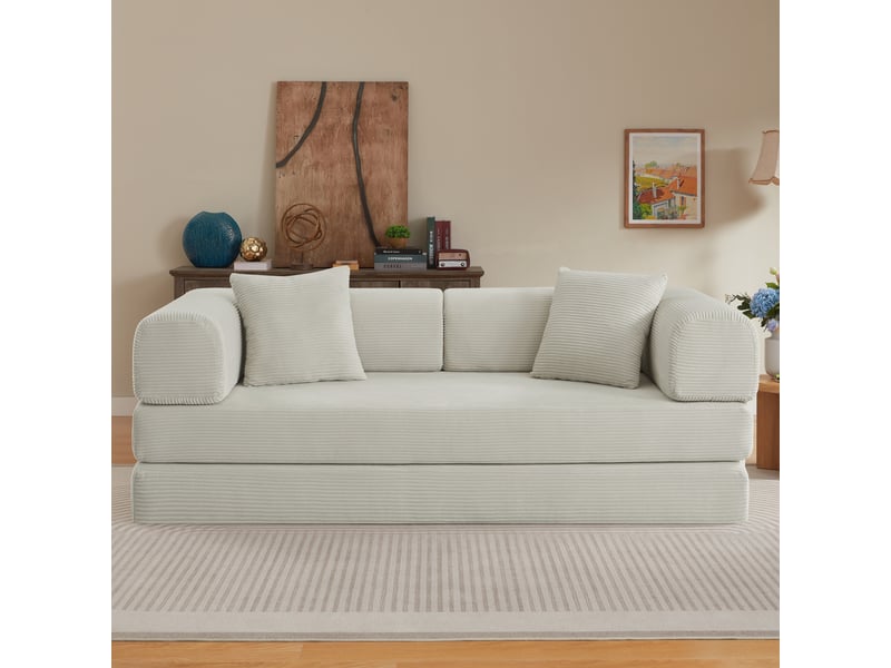  Canapé-lit convertible canapé modulable canapé au sol 2 places canapé compressé en velours côtelé avec poches, beige  - Conforama C