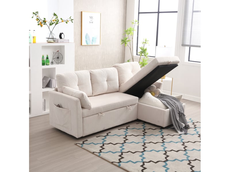  Canapé d'angle réversible convertible 3 places modulaire avec rangement et poches latérales en velours côtelé beige  - Conforama C