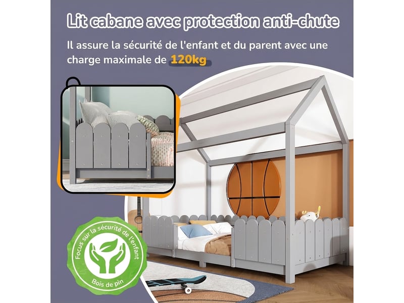 Lit cabane 90x200 enfant bois massif gris avec barrière de sécurité et sommier à lattes  - Conforama D