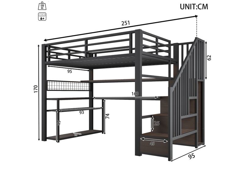  Lit mezzanine 90x200 cm avec bureau, armoire, led rgb et rangements, noir  - Conforama C