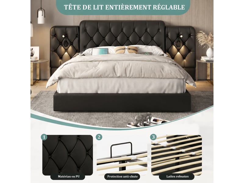  Lit coffre 160 x 200 cm noir en similicuir pu, relevage hydraulique, tête capitonnée, liseuses et ports usb  - Conforama E
