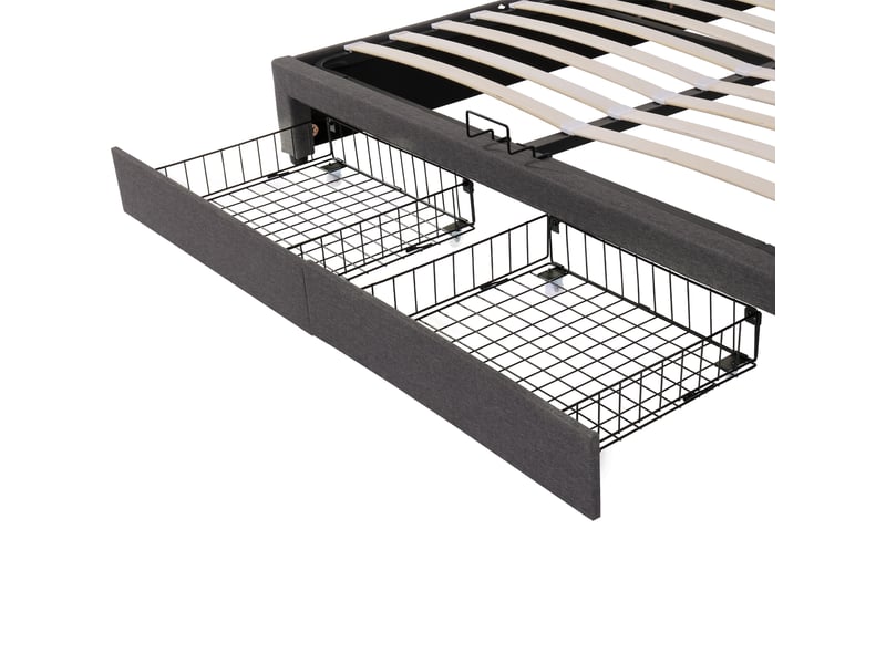  Lit coffre 160x200cm, tête de lit de rangement, 2 tiroirs, éclairage led, design moderne, sans matelas, lin, gris foncé  - Conforama R