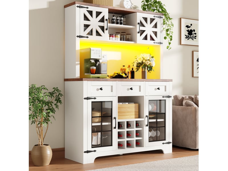  Buffet haut blanc 120 x 40 x 180 cm avec led, range-bouteilles et porte-verres  - Conforama D