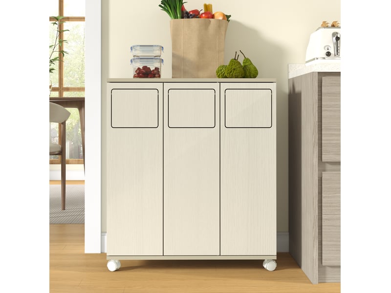Meuble de tri des déchets 69,3x35x80 cm mobile avec 3 portes, pour cuisine, design moderne, en mdf, blanc et bois clair - Conforama B