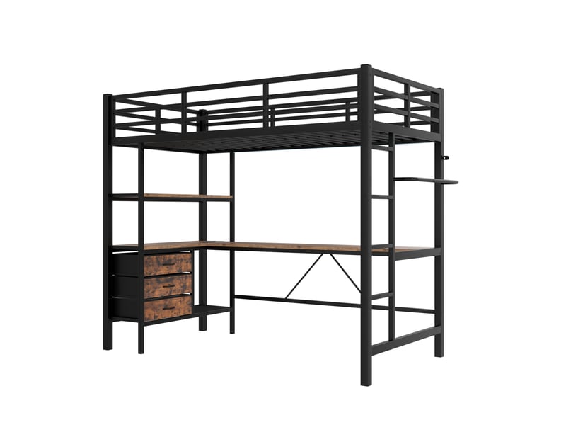  Lit mezzanine 90 x 200 cm noir en métal et mdf, bureau avec usb, 3 tiroirs, rangements et éclairage led  - Conforama D