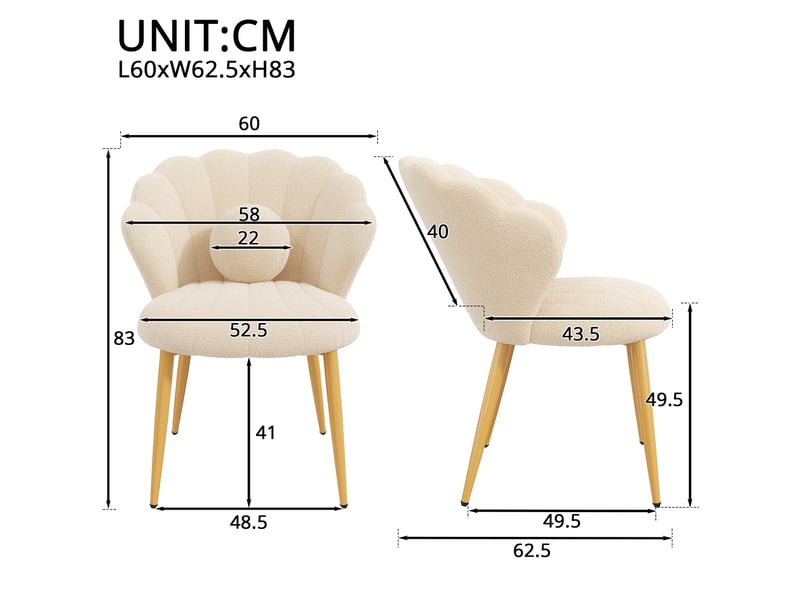  Lot de 4 chaises de salle à manger 60x62,5x83 cm, dossier coquillage, coussins, tissu teddy, pieds dorés, beige  - Conforama C