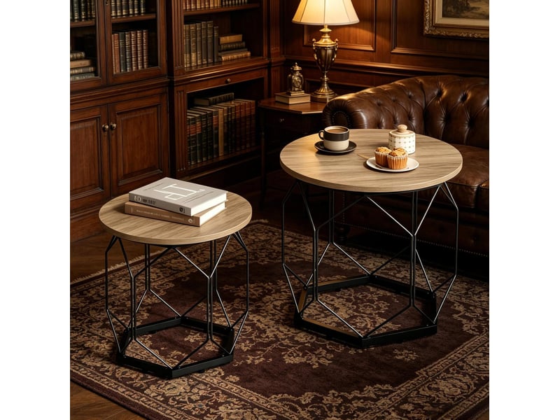  Lot de 2 tables basses rondes avec plateaux amovibles, finition bois gris  - Conforama C