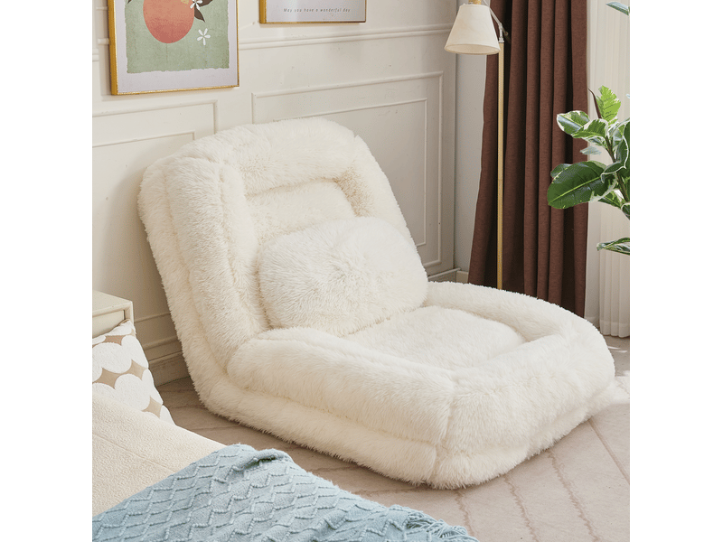  Fauteuil relax convertible beige en fausse fourrure, dossier 5 positions et coussin inclus pour se détendre  - Conforama B