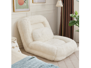 Fauteuil relax convertible beige en fausse fourrure, dossier 5 positions et coussin inclus pour se détendre