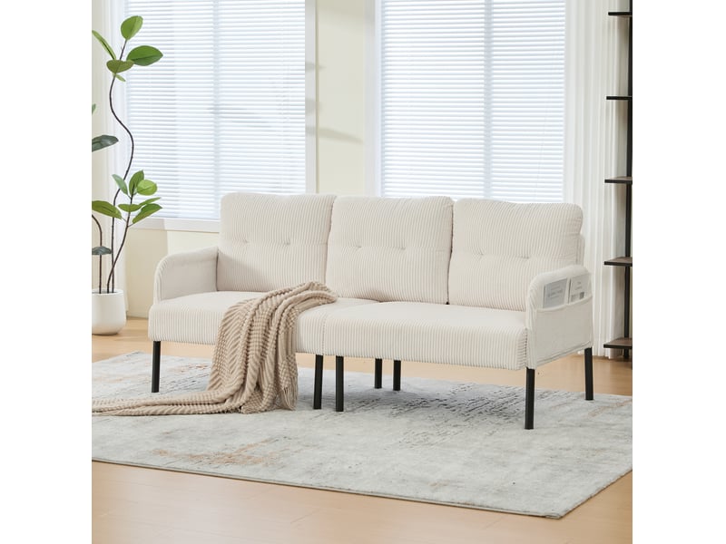 Canapé 3 places en velours côtelé beige avec poches latérales - Conforama B