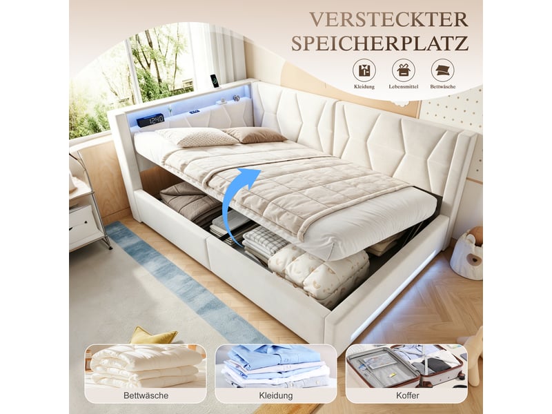  Lit banquette hydraulique 140x200 cm, led, usb-c, lit coffre rembourré, lit simple, éclairage tête et pied, velours, beige Seren Glow - Conforama D