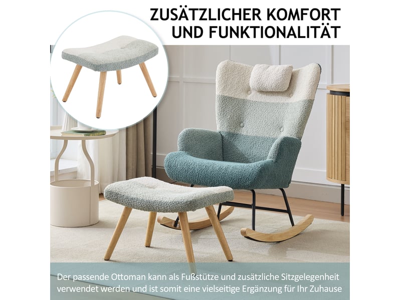  Fauteuil à bascule ergonomique avec pouf et poche latérale, dossier haut, en tissu bouclé multicolore  - Conforama E