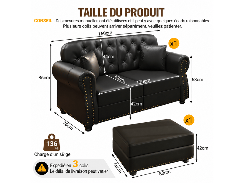  Canapé droit chesterfield 2 places en simili noir 160 cm avec pouf mobile, capitonnage et accoudoirs roulés pour salon 160X76X86cm - Conforama C