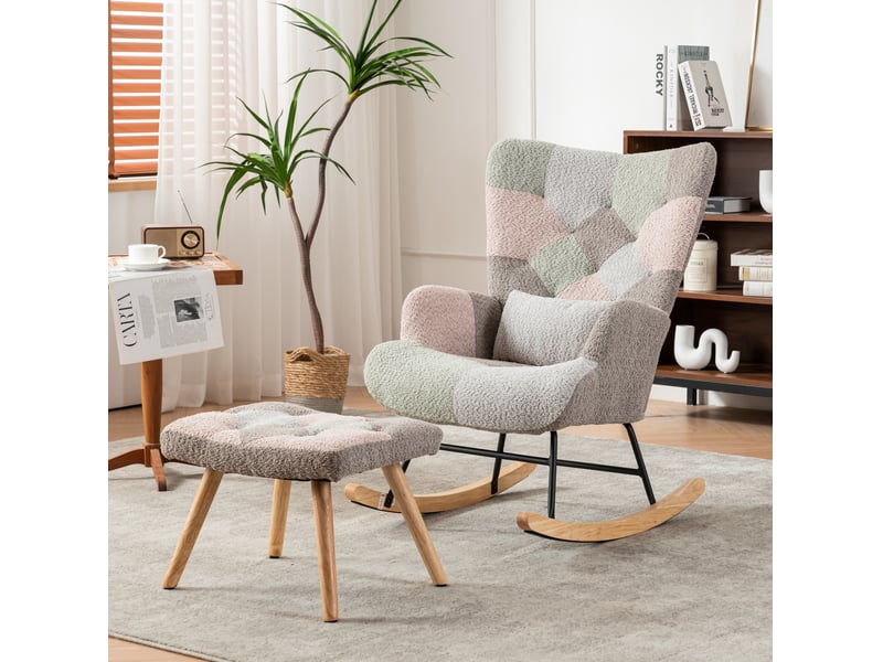 Fauteuil à bascule avec repose-pieds, coussin lombaire et poche latérale, en velours multicolore - Conforama C