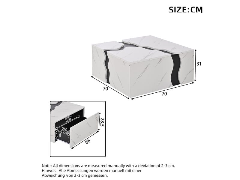 Table basse 70x70x31 cm design géométrique cubique lignes ondulées grand plateau tiroir panneau de particules blanc  - Conforama C