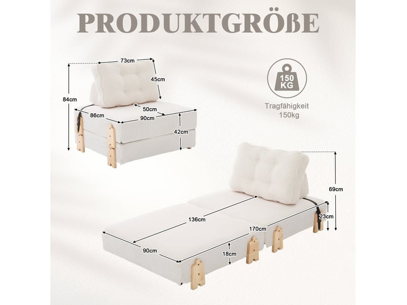  Fauteuil convertible 1 place 90 x 86 x 84 cm beige en velours côtelé, couchage d'appoint pliable  - Conforama C