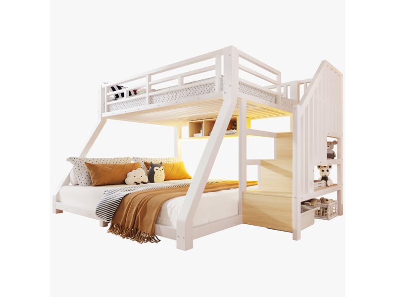Lit superposé enfant 90x200 cm et 140x200 cm avec led et rangements blanc - Conforama A