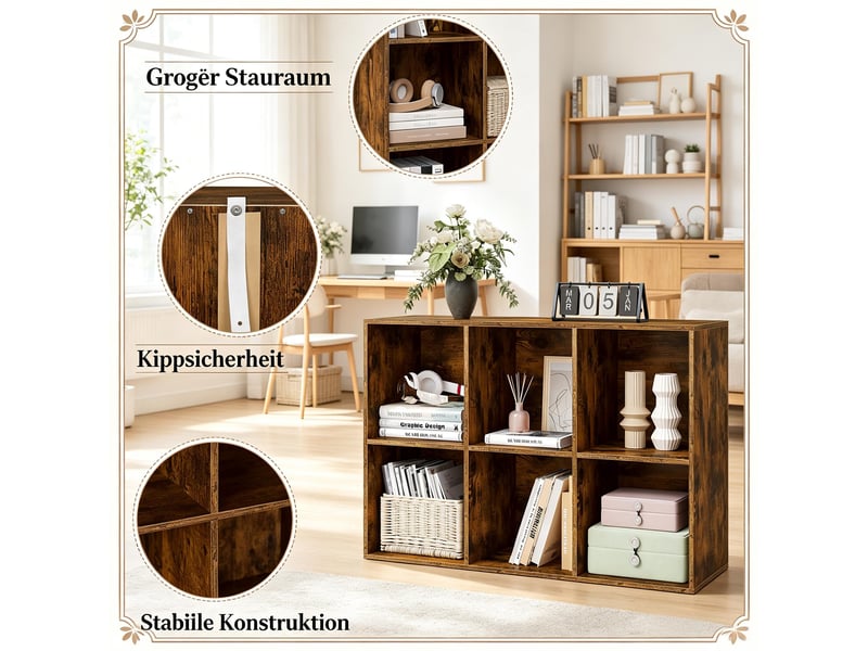  Bibliothèque à 6 casiers meuble de rangement 59.6 x 29 x 89 cm brun rustique T5828P515013 - Conforama D