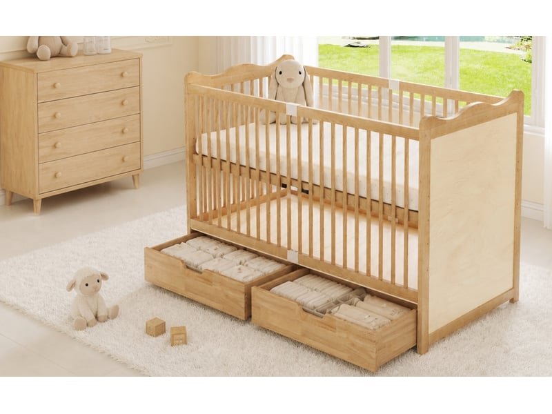  Lit bébé en bois massif de pin 70x140 cm couleur nature 4 hauteurs réglables avec tiroirs à roulettes evarich - Conforama E