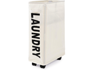Panier à linge fin à roulettes, pliable avec poignées, bac de rangement d'angle pour la maison, beige