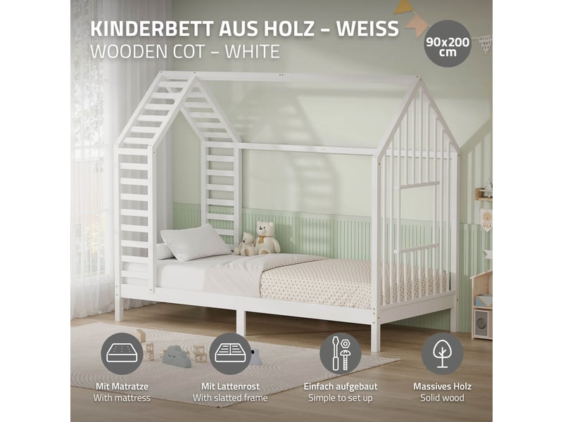  Ml-design lit cabane enfant avec matelas et sommier en bois de pin massif 90x200 cm, blanc, forme de maison avec toit et fenêtre, cadre montessori robuste pour filles et garçons, charge max. 100 kg ECD Germany GmbH - Conforama B