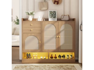 Meuble à chaussures 18 paires l120xp35xh100cm | 3 portes cannage rotin 2 tiroirs éclairage led | niche ouverte - naturel