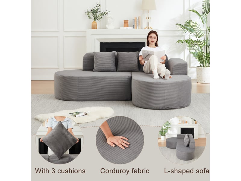 Canapé d'angle à méridienne incurvée avec accoudoirs arrondis et 3 coussins en velours côtelé gris, 220 × 155 × 70 cm - Conforama E