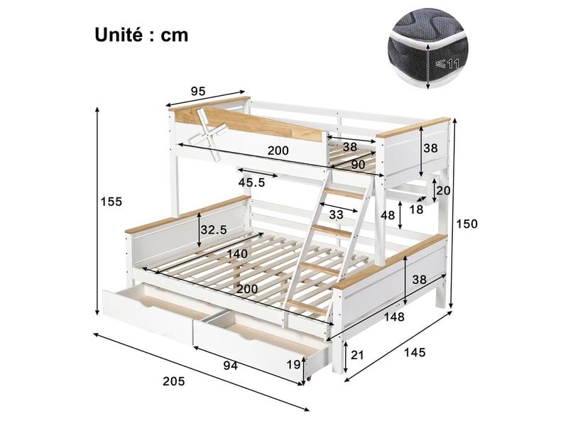  Lit superposé 3 places en bois et mdf avec étagères, 2 tiroirs et échelle, 90x200 et 140x200 cm, sans matelas  - Conforama D