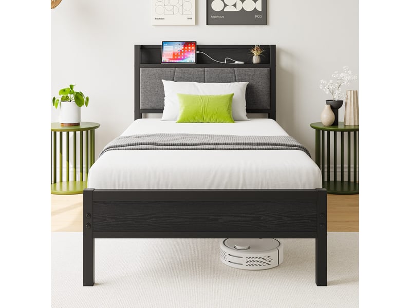  Lit 90x200 cm en métal, cadre de lit en métal noir avec tête de lit avec 1 prise et 2 ports de charge usb, sans matelas  - Conforama B