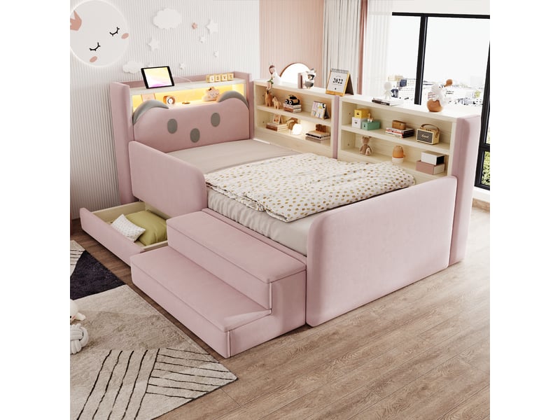  Lit enfant 90 x 200 cm avec tête de lit ours, rangements, tiroir, barrières rembourrées, led, usb et marchepied amovible, velours, rose OMNIGLINT TRADING LTD - Conforama B