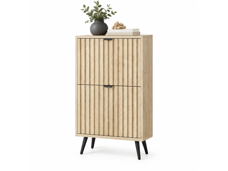  Meuble à chaussures 60 x 24 x 95 cm en mdf et panneaux de particules avec 2 compartiments basculants coloris chêne chicfurn  - Conforama A