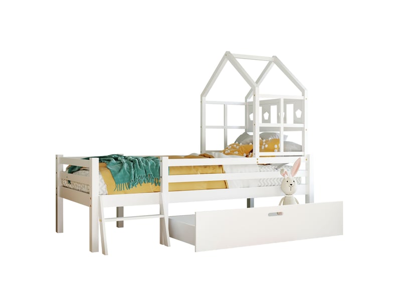 Lit mezzanine enfant 90x200 cm avec échelle, tiroir, sommier et garde-corps blanc - Conforama A
