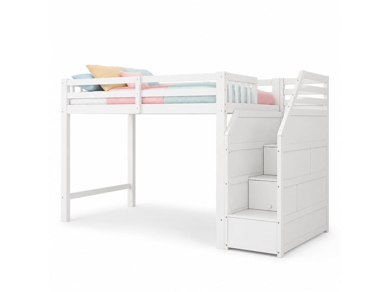  Lit mezzanine enfant 90 x 200 cm avec escalier de rangement en bois, blanc  - Conforama A