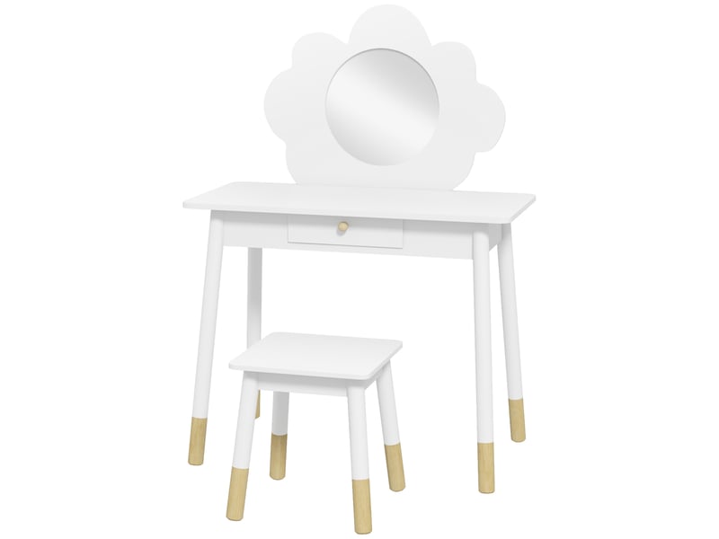  Arkswift, ensemble coiffeuse pour enfant avec tabouret, coiffeuse 2 pièces pour enfants de 3 à 6 ans, miroir forme de nuage, blanc  - Conforama B