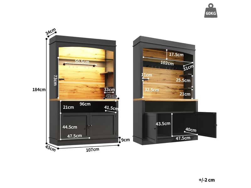  2pcs buffet de cuisine - buffet haut double avec led et étagères ouvertes - rangement avec portes support tasses 107x43x184cm- noir  - Conforama E