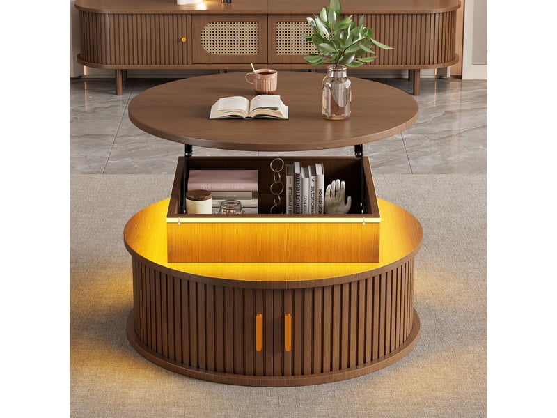  Table basse à plateau relevable, noyer, 75 x 75 x 52 cm, ronde, 2 portes coulissantes et rangement caché  - Conforama B