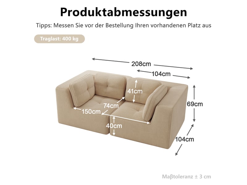  Canapé d'angle modulable 2 places en velours côtelé beige, sans montage, assise profonde, design sans cadre  - Conforama C