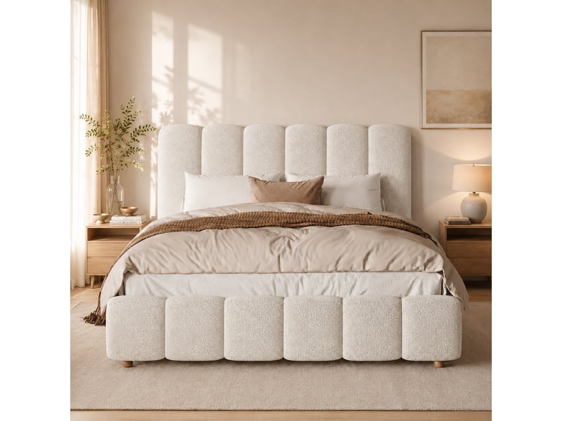  Lit double rembourré 140 x 190 cm avec coffre hydraulique, tête de lit capitonnée et pieds en bois massif, bouclé blanc  - Conforama D