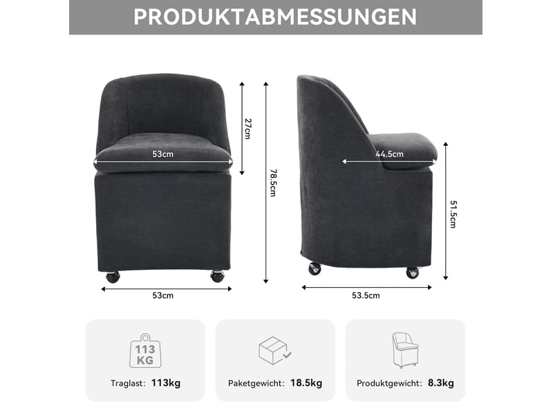  Lot de 2 chaises de salle à manger pivotantes à roulettes en chenille grise homvra  - Conforama E