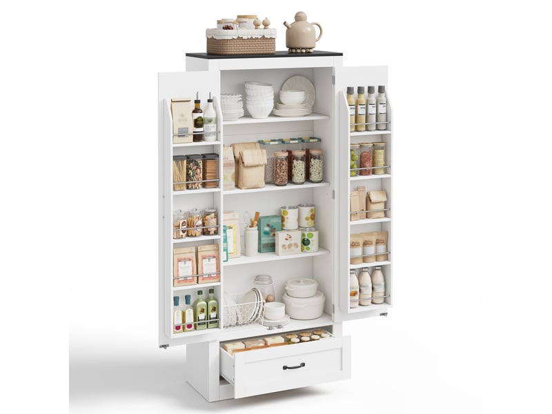 Meuble cuisine 80x35x183 cm avec 2 portes, tiroir et étagères réglables, armoire de rangement haute style campagne pour cuisine salon - blanc - Conforama A