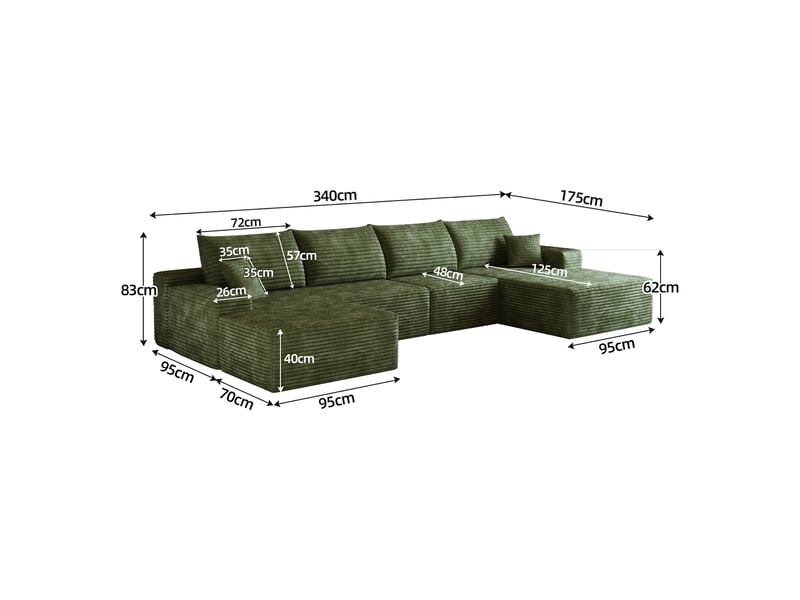 Canapé d'angle modulable 340 cm avec méridienne en l, canapé 5 places vert en velours côtelé, assise profonde - Conforama C