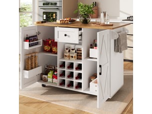 Desserte de cuisine blanche 137,5 cm avec plateau rabattable, rangements et roulettes