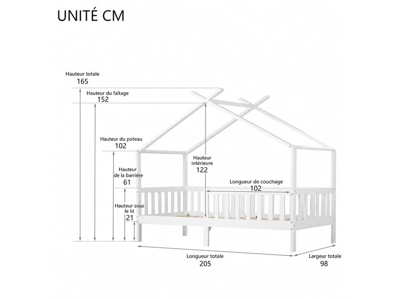  Lit cabane 200x90 cm en bois massif, lit simple avec barrières et espace de rangement, sans matelas, blanc  - Conforama D